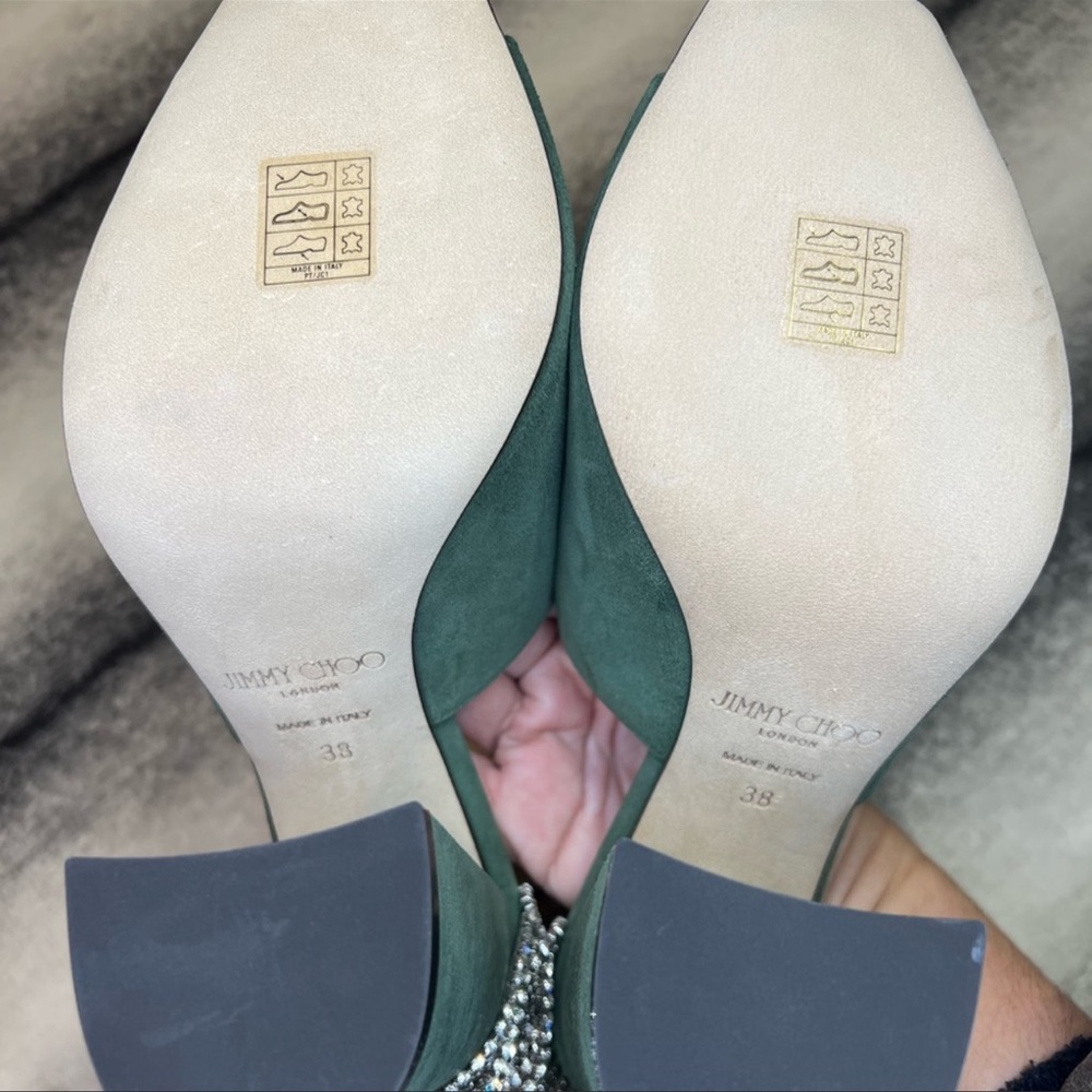 Jimmy Choo Baia 100 mm Crystal Detailed Cactus Suede Mule Sandal Heels - Picture 8 of 10